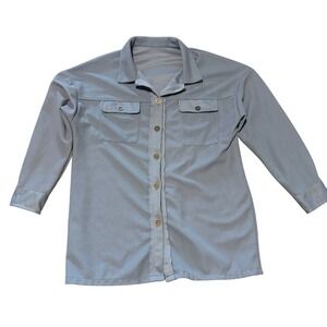 Womens Waffle Knit Button Down Shirt Dusty Blue Long Sleeve Shacket Top Pockets